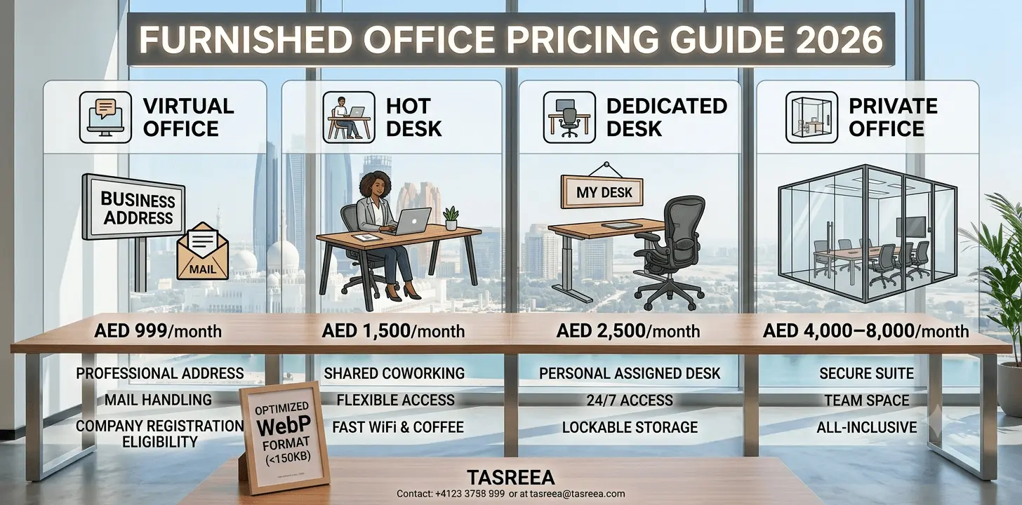 Furnished office pricing comparison chart showing costs by space type in Abu Dhabi